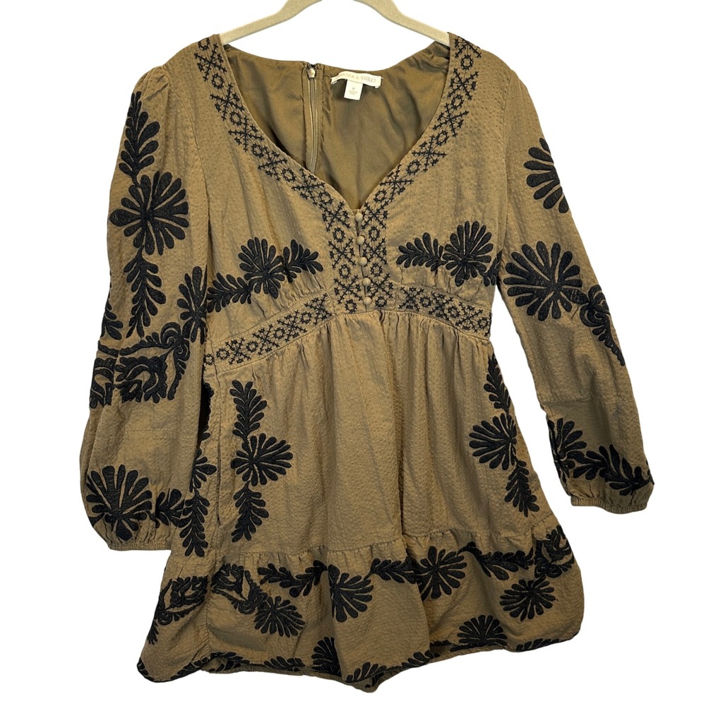 Chelsea & Violet Olive Green Embroidered Long Sleeve Babydoll Mini Dress 8